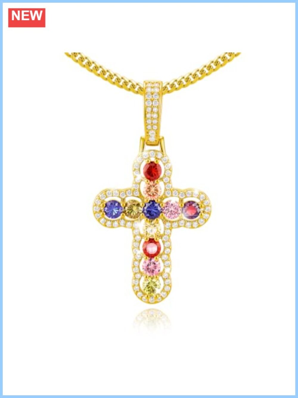 14K Gold Plated Cross Pendant Necklace with Cubic Zirconia Adjustable Chain